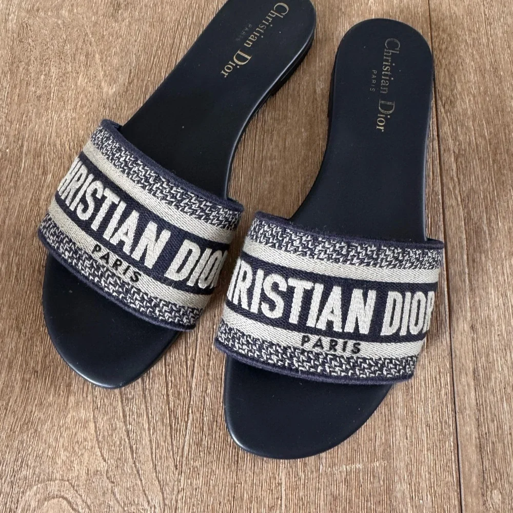 Christian Dior Dway Slide Deep Blue Embroidered Cotton - Picture 2 of 5